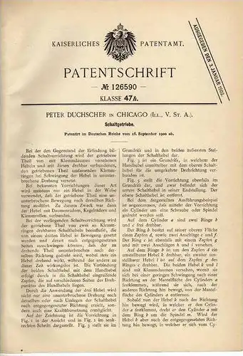 Original Patentschrift -  Schaltgetriebe für KFZ , Peter Duscher / Chicago USA 1900 !!!
