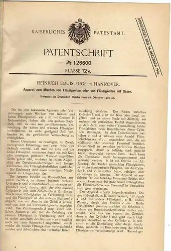 Original Patentschrift - Apparat zum Mischen von Flüssigkeiten , Hannover 1900 !!!