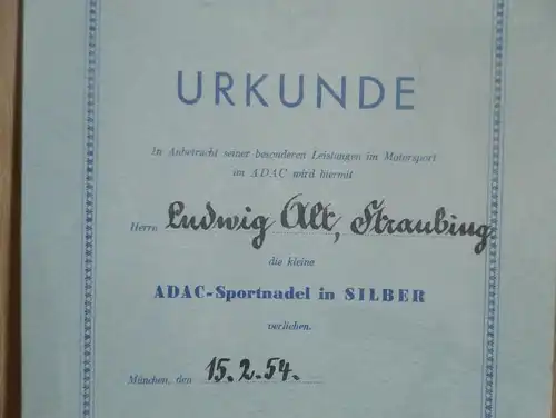 Urkunde - ADAC Sportnadel Silber - 1954 - Ludwig Alt / Straubing , Motorsport , Sandbahn , Speedway , Grasbahn !!!