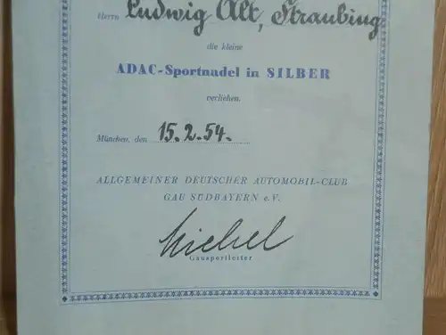 Urkunde - ADAC Sportnadel Silber - 1954 - Ludwig Alt / Straubing , Motorsport , Sandbahn , Speedway , Grasbahn !!!