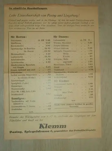 Reklame - Plakat , Klemm - Bekleidung , 1934 , Würmgau Fest München Pasing , Werbung ca. 30x21cm !!!