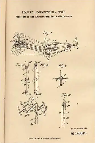 Original Patentschrift - E. Nowakowski in Wien , 1902 , Muttermund - Erweiterungsapparat , Frauenarzt , Hebamme , Arzt !