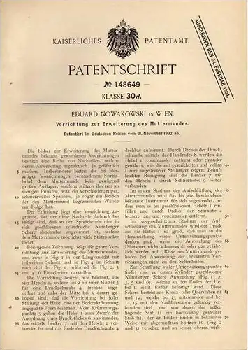 Original Patentschrift - E. Nowakowski in Wien , 1902 , Muttermund - Erweiterungsapparat , Frauenarzt , Hebamme , Arzt !