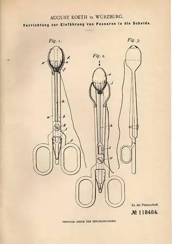 Original Patentschrift - Einführung von Pessaren in die Scheide , Frauenarzt , 1900 , A. Koeth in Würzburg !!!