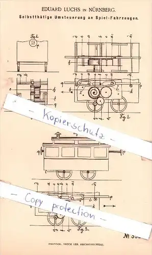 Original Patent - E. Luchs in Nürnberg , 1886 ,  Selbstthätige Umsteuerung an Spiel-Fahrzweugen !!!