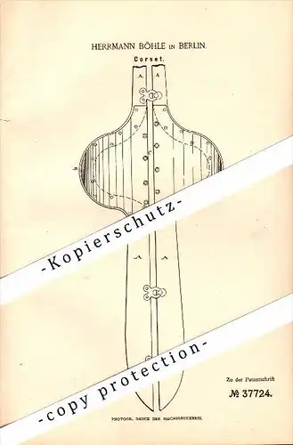 Original Patent - Hermann Böhle in Berlin , 1886 , Corset , Korsett !!!