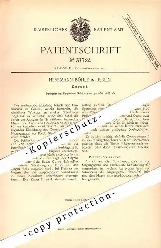 Original Patent - Hermann Böhle in Berlin , 1886 , Corset , Korsett !!!