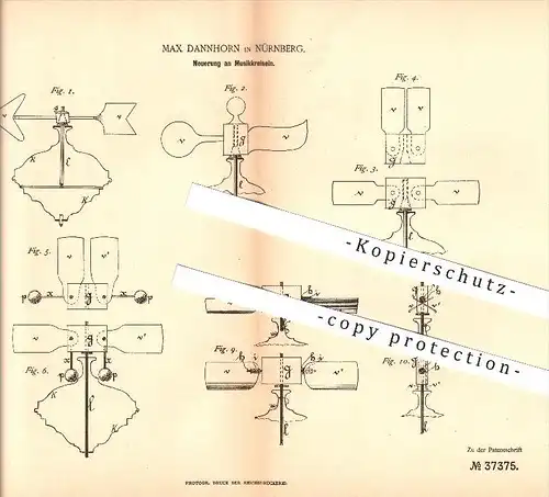 original Patent - Max Dannhorn in Nürnberg , 1885 , Neuerung an Musikkreiseln , Musik , Spielzeug !!!