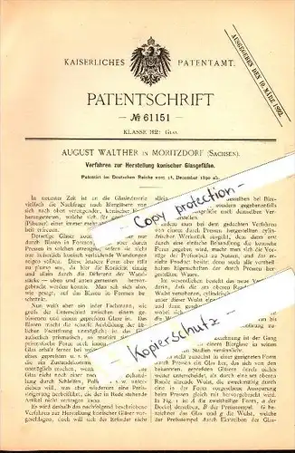 Original Patent - August Walther in Moritzdorf / Ottendorf-Okrilla i.S. , 1890 , Herstellung konischer Glas-Gefäße !!!