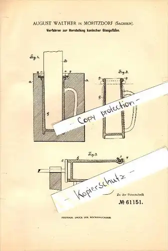 Original Patent - August Walther in Moritzdorf / Ottendorf-Okrilla i.S. , 1890 , Herstellung konischer Glas-Gefäße !!!