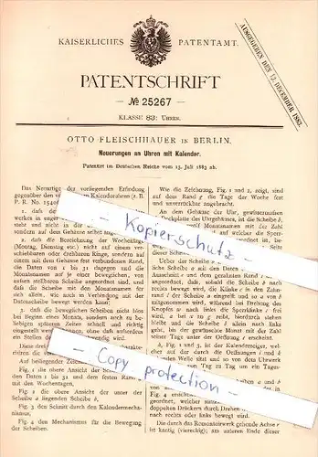 Original Patent  - Otto Fleischhauer in Berlin , 1883 , Neuerungen an Uhren mit Kalender !!!