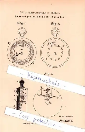 Original Patent  - Otto Fleischhauer in Berlin , 1883 , Neuerungen an Uhren mit Kalender !!!