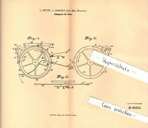 Original Patent - L. Hetzel in Anholt , Isselburg , 1888 , Schlagwerk für Uhren , Uhrmacher , Uhr , Münster  !!!