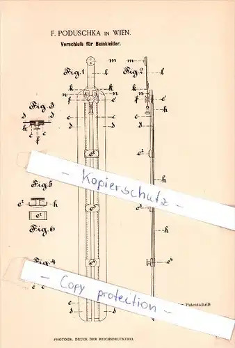Original Patent  - F. Poduschka in Wien , 1884 ,  Verschluß für Beinkleider !!!