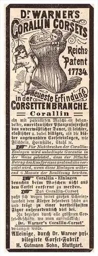 original Werbung - 1884 - Dr. Warner`s Corsets , Fanrik in Stuttgart , Korsett , corset !!!