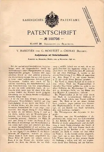 Original Patentschrift - V. Hanotier und G. Hostelet in Chimay , 1896 , Acetylen - Lampe . Gaslampe !!!