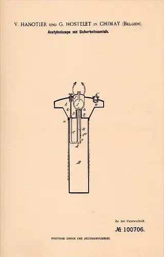 Original Patentschrift - V. Hanotier und G. Hostelet in Chimay , 1896 , Acetylen - Lampe . Gaslampe !!!