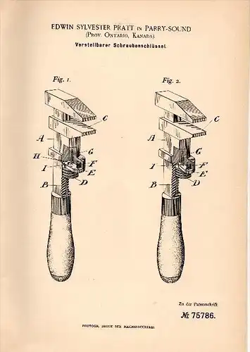 Original Patentschrift - E.S. Pratt in Parry Sound / Ontario , 1893 , adjustable wrench, tool !!!