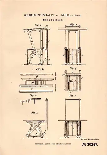 Original Patentschrift - Wilhelm Weishaupt in Engers b. Neuwied , 1884 , Bürotisch , Tisch , Möbel !!!