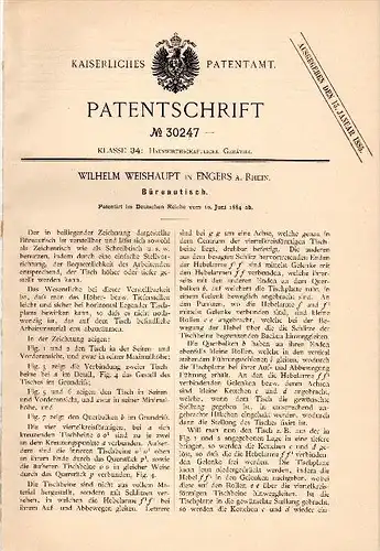 Original Patentschrift - Wilhelm Weishaupt in Engers b. Neuwied , 1884 , Bürotisch , Tisch , Möbel !!!