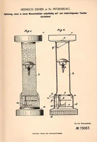 Original Patentschrift - H. Denier in St. Petersburg , 1893 , Taucher als Spielzeug , Puppe , Rußland , Russland !!!