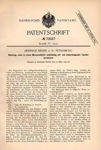 Original Patentschrift - H. Denier in St. Petersburg , 1893 , Taucher als Spielzeug , Puppe , Rußland , Russland !!!