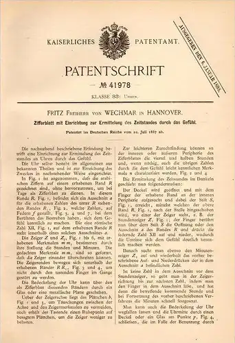 Original Patentschrift - F. Freiherr von Wechmar in Hannover , 1887 , Ziffernblatt von Uhren für Tastsinn , Uhrmacher !!