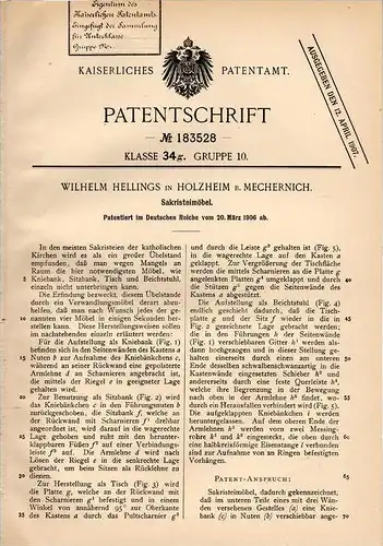 Original Patentschrift - W. Hellings in Holzheim b. Mechernich ,1906 , Sakristei - Möbel , Kirche , Gebet , Euskirchen !