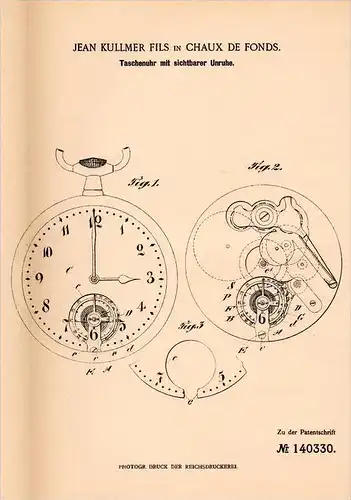 Original Patentschrift - J. Kullmer Fils in La Chaux de Fonds , 1902 , Taschenuhr mit sichtbarer Unruhe , Uhr !!!