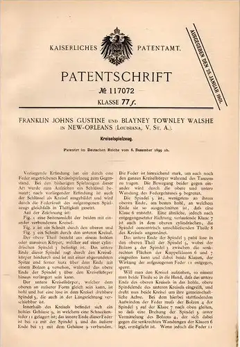 Original Patentschrift -B. Walshe in New Orleans , 1899 , Kreisel , gyroscope, rotary, top, spinning top , Brummkreisel