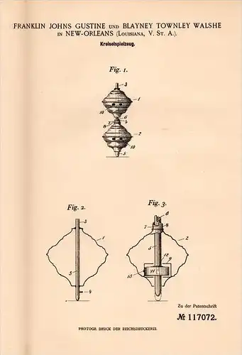 Original Patentschrift -B. Walshe in New Orleans , 1899 , Kreisel , gyroscope, rotary, top, spinning top , Brummkreisel