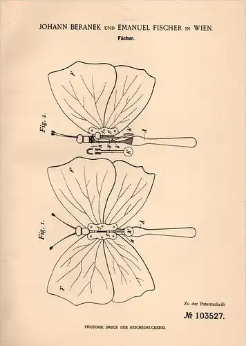 Original Patentschrift - J. Beranek in Wien , 1898 , Fächer , Schmetterling , Mode !!!