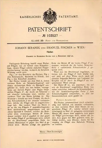 Original Patentschrift - J. Beranek in Wien , 1898 , Fächer , Schmetterling , Mode !!!