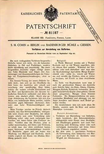 Original Patentschrift -S. Cohn in Badenburger Mühle b. Gießen , 1893 , Ölfarbe , Malerei , Maler , Kunst , Badenburg !!