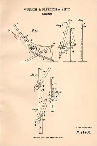 Original Patentschrift - Wünsch & Pretzsch in Zeitz , 1896 , Klappstuhl , Stuhl , Möbel !!!