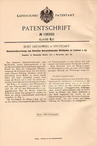 Original Patentschrift - K. Grünzweig in Stuttgart , 1901 , Schneide - Werkzeug für Linoleum !!!