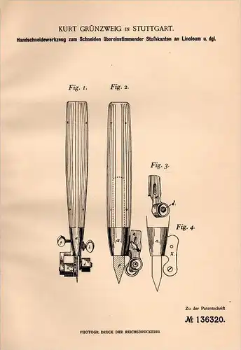 Original Patentschrift - K. Grünzweig in Stuttgart , 1901 , Schneide - Werkzeug für Linoleum !!!