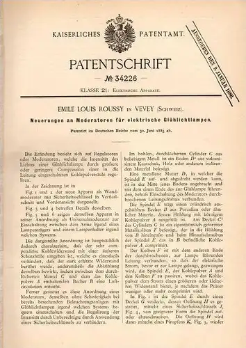 Original Patentschrift - E. Roussy in Vevey , Schweiz , 1885 , Regulator für Lampen , Laternen , Laterne !!!
