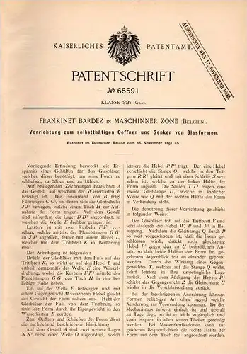 Original Patentschrift - F. Bardez in Maschinner Zone , Belgium , 1891 , Apparat für Glasform , Glas , Glasbläser !!!