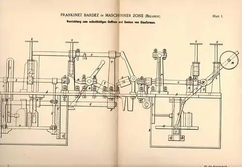 Original Patentschrift - F. Bardez in Maschinner Zone , Belgium , 1891 , Apparat für Glasform , Glas , Glasbläser !!!