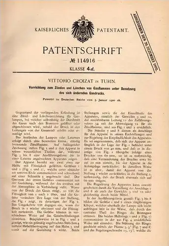 Original Patentschrift - Vittorio Croizat in Torino / Turin , 1900 , Apparecchiatura per luci , lampada !!!