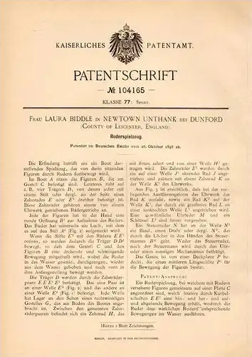 Original Patentschrift - Laura Biddle in Newtown Unthank b. Dunford , 1898 , Toy oar , boat , ship , model building !!!