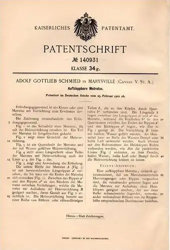 Original Patentschrift - A. Schmied in Marysville , Kansas , 1902 , mattress with heating !!!
