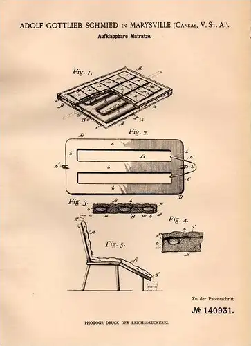 Original Patentschrift - A. Schmied in Marysville , Kansas , 1902 , mattress with heating !!!