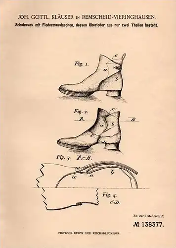 Original Patentschrift - J- Kläuser in Remscheid - Vieringhausen , 1900, Schuhe mit Fledermaus - Laschen , Schuhmacher !