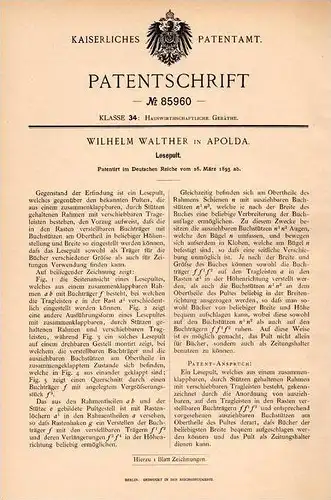 Original Patentschrift - W. Walther in Apolda , 1895 , Lesepult  Pult , Buch , Bücher , Bücherei !!!
