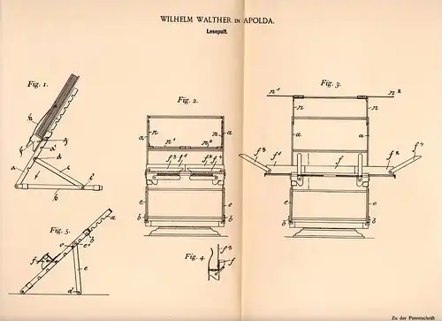 Original Patentschrift - W. Walther in Apolda , 1895 , Lesepult  Pult , Buch , Bücher , Bücherei !!!