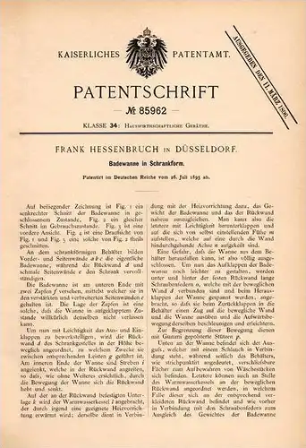 Original Patentschrift - F. Hessenbruch in Düsseldorf , 1895 , Badewanne in Schrankform , Möbel , Wanne , Schrank !!!