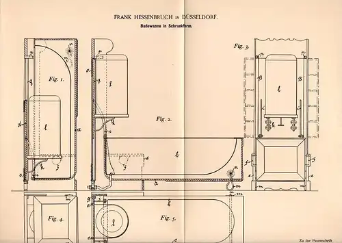 Original Patentschrift - F. Hessenbruch in Düsseldorf , 1895 , Badewanne in Schrankform , Möbel , Wanne , Schrank !!!