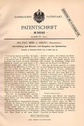 Original Patentschrift - F. Meier in Aibling , 1892, Spielkarten - Mischapparat , Ausgeber , Karten , Skat , Kartenspiel